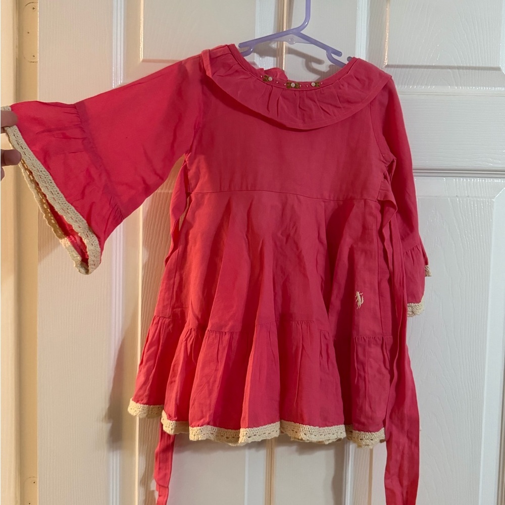 Coral Well Dressed Wolf dress with bell sleeves and lace trim
